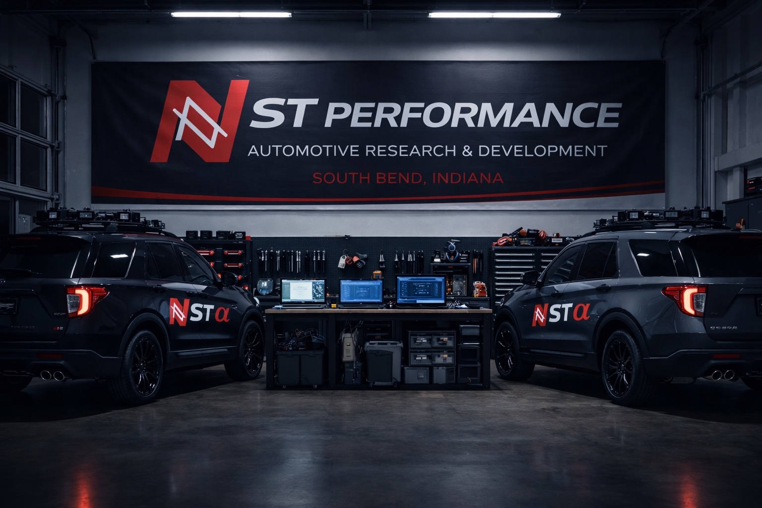 NST Performance research and development garage with two Explorer ST vehicles